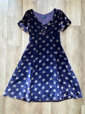 Boden Polka Dot Purple Velvet Dress Fit And Flare Babydoll Pinup Women’s Sz 12L